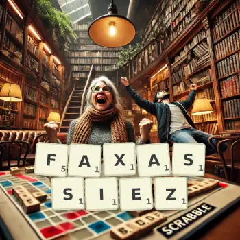 Illustration créative d'un jeu de lettres avec le mot FAXASSIEZ épelé sur le plateau.