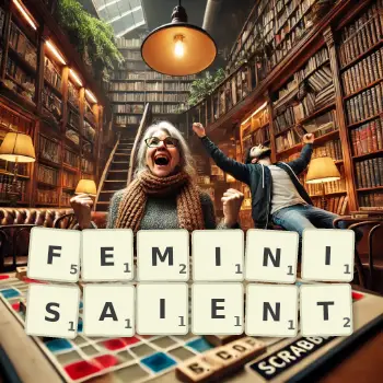 Illustration créative d'un jeu de lettres avec le mot FEMINISAIENT épelé sur le plateau.