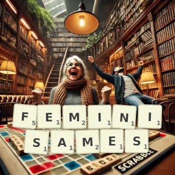 Illustration créative d'un jeu de lettres avec le mot FEMINISAMES épelé sur le plateau.