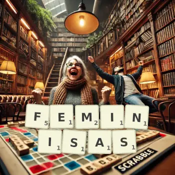 Illustration créative d'un jeu de lettres avec le mot FEMINISAS épelé sur le plateau.