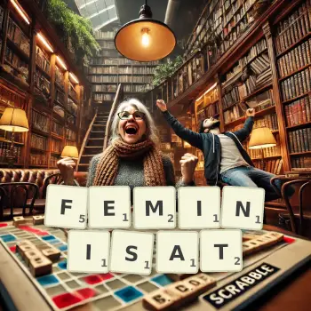 Illustration créative d'un jeu de lettres avec le mot FEMINISAT épelé sur le plateau.