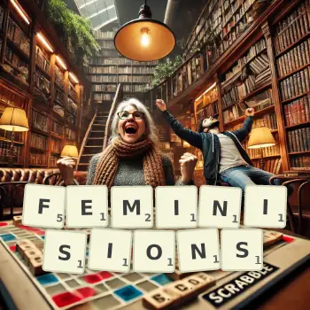 Illustration créative d'un jeu de lettres avec le mot FEMINISIONS épelé sur le plateau.