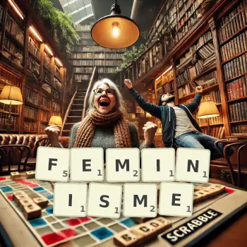 Illustration créative d'un jeu de lettres avec le mot FEMINISME épelé sur le plateau.