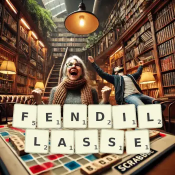Illustration créative d'un jeu de lettres avec le mot FENDILLASSE épelé sur le plateau.