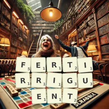 Illustration créative d'un jeu de lettres avec le mot FERTIRRIGUENT épelé sur le plateau.