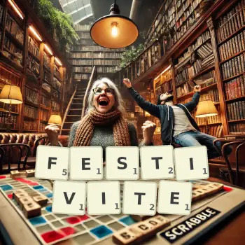 Illustration créative d'un jeu de lettres avec le mot FESTIVITE épelé sur le plateau.