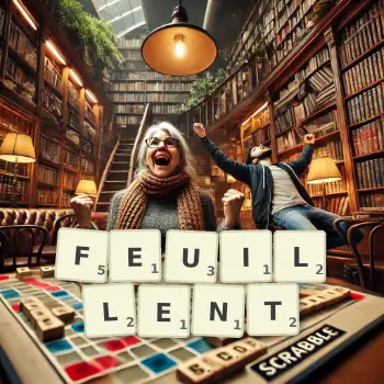 Illustration créative d'un jeu de lettres avec le mot FEUILLENT épelé sur le plateau.