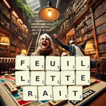 Illustration créative d'un jeu de lettres avec le mot FEUILLETTERAIT épelé sur le plateau.