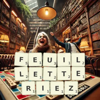 Illustration créative d'un jeu de lettres avec le mot FEUILLETTERIEZ épelé sur le plateau.