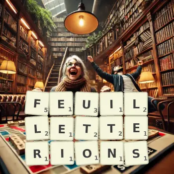 Illustration créative d'un jeu de lettres avec le mot FEUILLETTERIONS épelé sur le plateau.