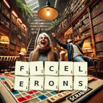 Illustration créative d'un jeu de lettres avec le mot FICELERONS épelé sur le plateau.