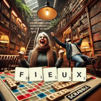 Illustration créative d'un jeu de lettres avec le mot FIEUX épelé sur le plateau.