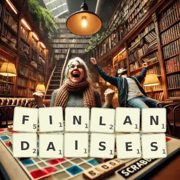 Illustration créative d'un jeu de lettres avec le mot FINLANDAISES épelé sur le plateau.