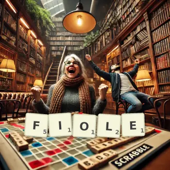 Illustration créative d'un jeu de lettres avec le mot FIOLE épelé sur le plateau.