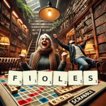 Illustration créative d'un jeu de lettres avec le mot FIOLES épelé sur le plateau.