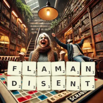 Illustration créative d'un jeu de lettres avec le mot FLAMANDISENT épelé sur le plateau.