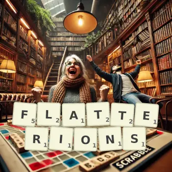 Illustration créative d'un jeu de lettres avec le mot FLATTERIONS épelé sur le plateau.