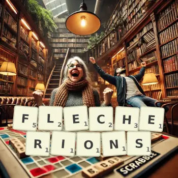 Illustration créative d'un jeu de lettres avec le mot FLECHERIONS épelé sur le plateau.