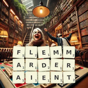 Illustration créative d'un jeu de lettres avec le mot FLEMMARDERAIENT épelé sur le plateau.