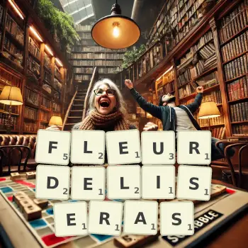 Illustration créative d'un jeu de lettres avec le mot FLEURDELISERAS épelé sur le plateau.