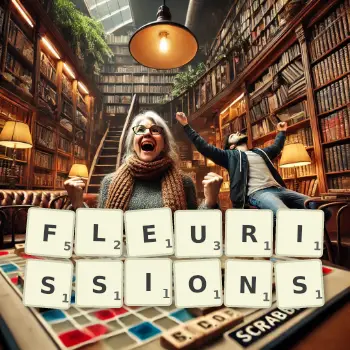 Illustration créative d'un jeu de lettres avec le mot FLEURISSIONS épelé sur le plateau.