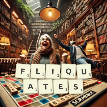 Illustration créative d'un jeu de lettres avec le mot FLIQUATES épelé sur le plateau.