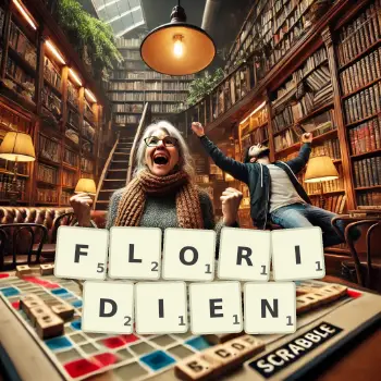 Illustration créative d'un jeu de lettres avec le mot FLORIDIEN épelé sur le plateau.