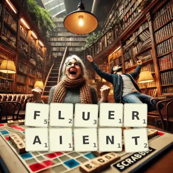 Illustration créative d'un jeu de lettres avec le mot FLUERAIENT épelé sur le plateau.