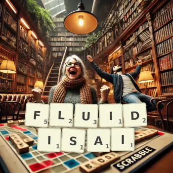 Illustration créative d'un jeu de lettres avec le mot FLUIDISAI épelé sur le plateau.