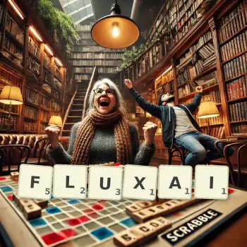 Illustration créative d'un jeu de lettres avec le mot FLUXAI épelé sur le plateau.