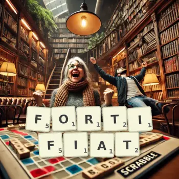 Illustration créative d'un jeu de lettres avec le mot FORTIFIAT épelé sur le plateau.