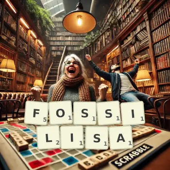 Illustration créative d'un jeu de lettres avec le mot FOSSILISA épelé sur le plateau.