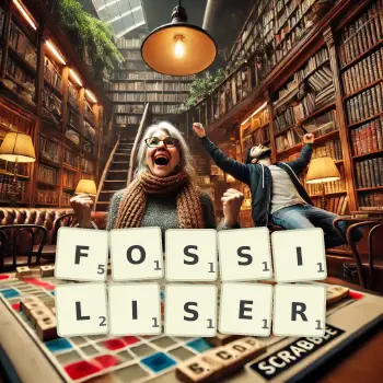 Illustration créative d'un jeu de lettres avec le mot FOSSILISER épelé sur le plateau.