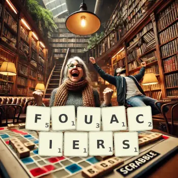 Illustration créative d'un jeu de lettres avec le mot FOUACIERS épelé sur le plateau.