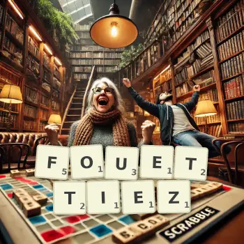 Illustration créative d'un jeu de lettres avec le mot FOUETTIEZ épelé sur le plateau.