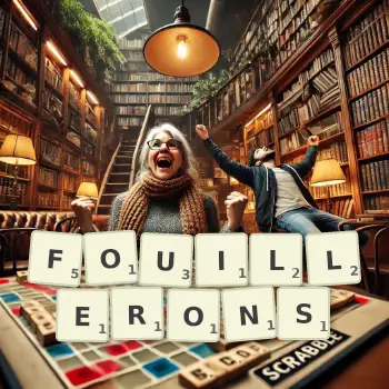 Illustration créative d'un jeu de lettres avec le mot FOUILLERONS épelé sur le plateau.