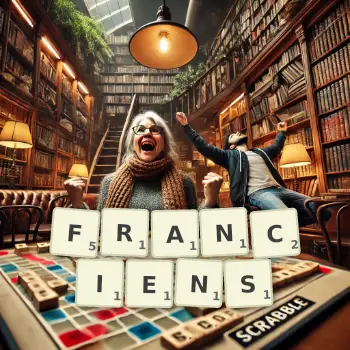 Illustration créative d'un jeu de lettres avec le mot FRANCIENS épelé sur le plateau.