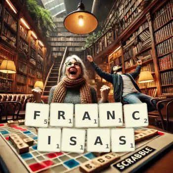 Illustration créative d'un jeu de lettres avec le mot FRANCISAS épelé sur le plateau.