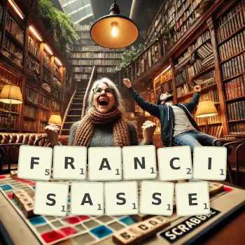Illustration créative d'un jeu de lettres avec le mot FRANCISASSE épelé sur le plateau.
