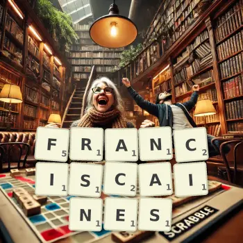 Illustration créative d'un jeu de lettres avec le mot FRANCISCAINES épelé sur le plateau.