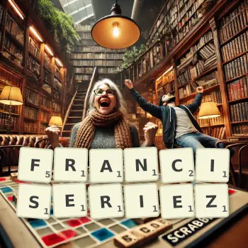 Illustration créative d'un jeu de lettres avec le mot FRANCISERIEZ épelé sur le plateau.
