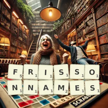 Illustration créative d'un jeu de lettres avec le mot FRISSONNAMES épelé sur le plateau.
