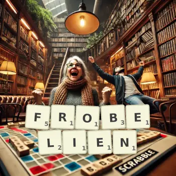 Illustration créative d'un jeu de lettres avec le mot FROBELIEN épelé sur le plateau.