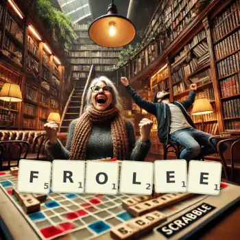Illustration créative d'un jeu de lettres avec le mot FROLEE épelé sur le plateau.