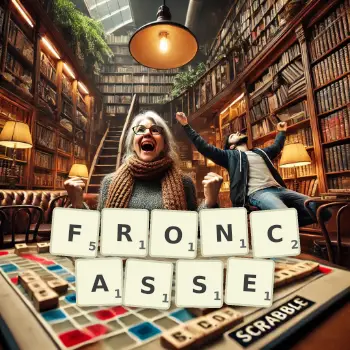 Illustration créative d'un jeu de lettres avec le mot FRONCASSE épelé sur le plateau.