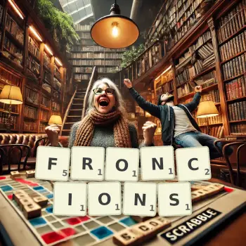 Illustration créative d'un jeu de lettres avec le mot FRONCIONS épelé sur le plateau.