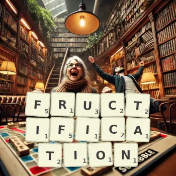 Illustration créative d'un jeu de lettres avec le mot FRUCTIFICATION épelé sur le plateau.
