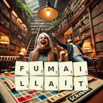 Illustration créative d'un jeu de lettres avec le mot FUMAILLAIT épelé sur le plateau.