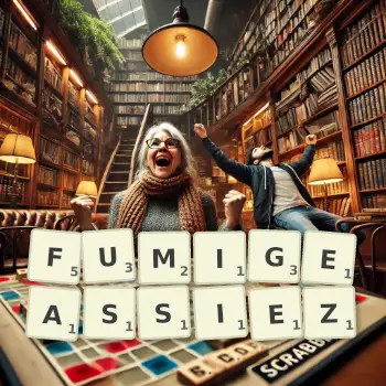 Illustration créative d'un jeu de lettres avec le mot FUMIGEASSIEZ épelé sur le plateau.