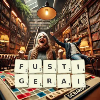 Illustration créative d'un jeu de lettres avec le mot FUSTIGERAI épelé sur le plateau.